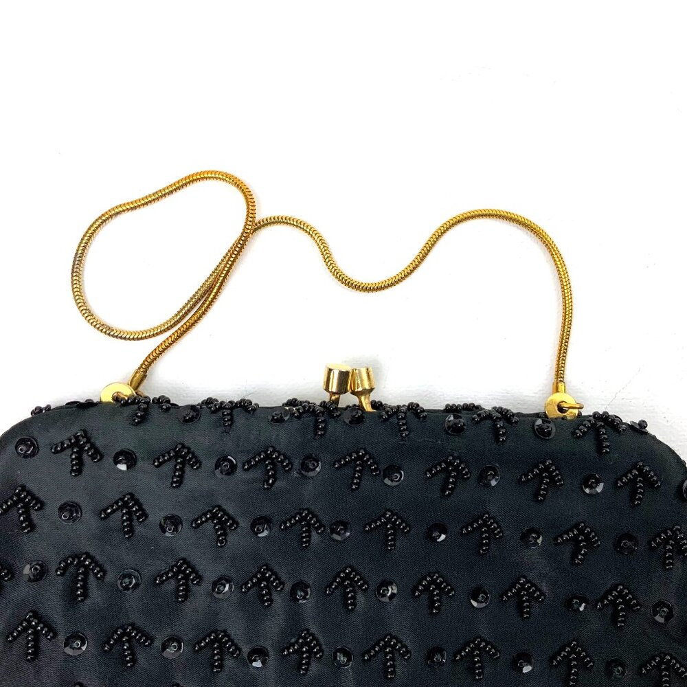 Vintage 60s Black Satin Silk Beaded and Sequined Evening Party Clutch/Bag - Picture 8 of 16